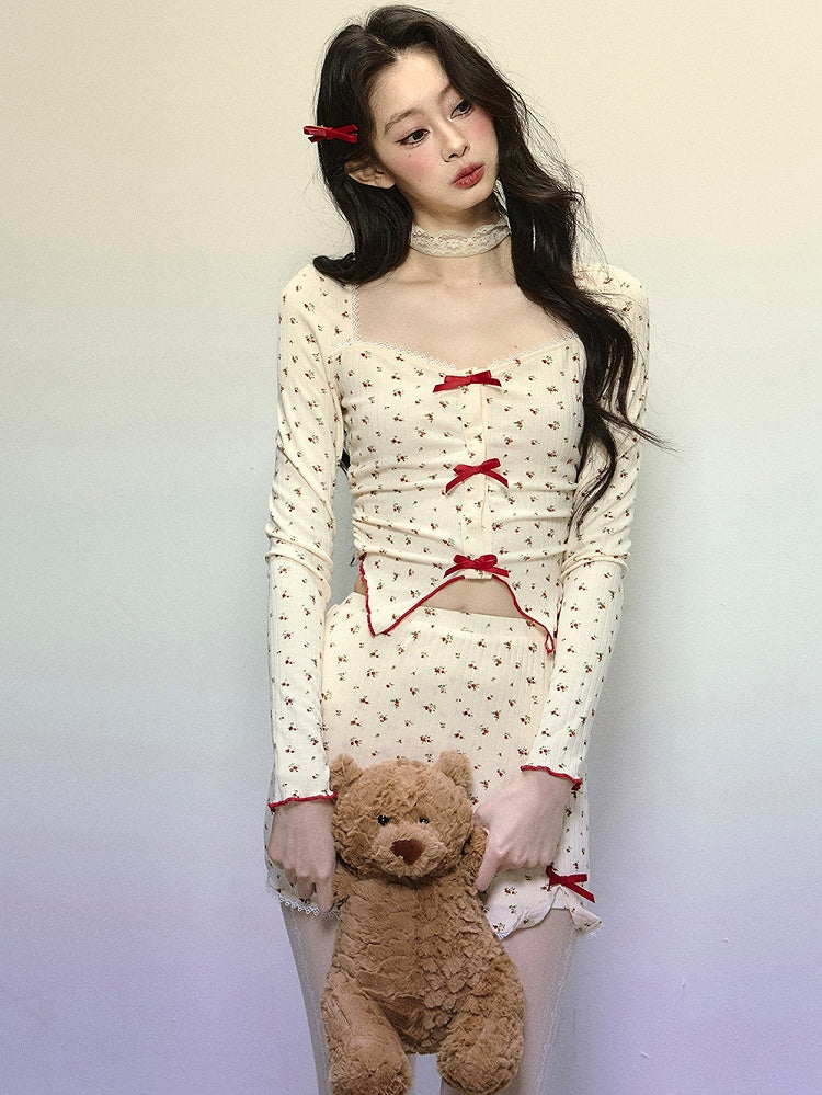 Apricot Floral Pattern Square Neckline Crop Top with Bowknot Details