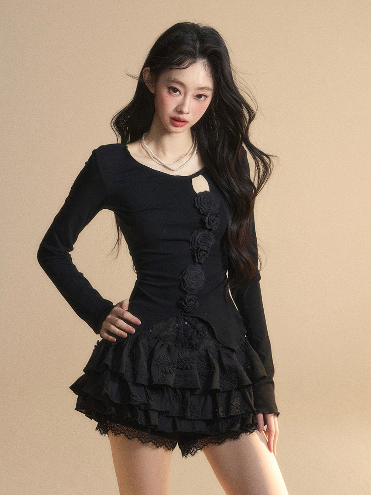 Round Glamorous Detail Black Knitted Neck Floral Embellished Cutout Top
