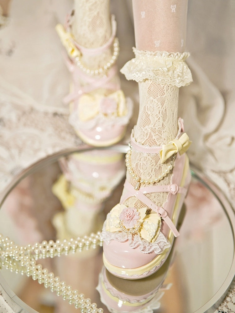 Floral at Platforms Heart Bow Design Beaded Buckle Chain Detachable Pink Lace With Trim Top