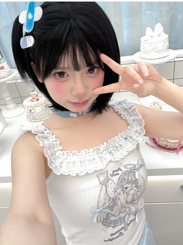 White Ruffled Square Neckline Anime Girl Print Sleeveless Top