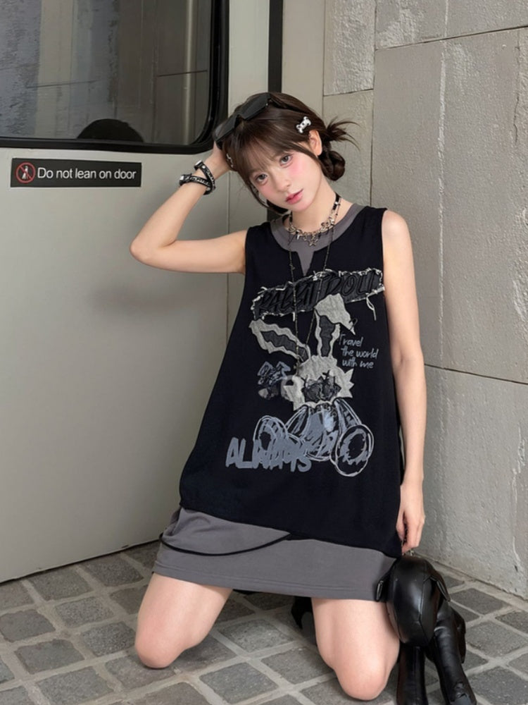 Bittersweet Gray Top Black Applique Tank and Two-pieces Faux Letter Bunny Pattern