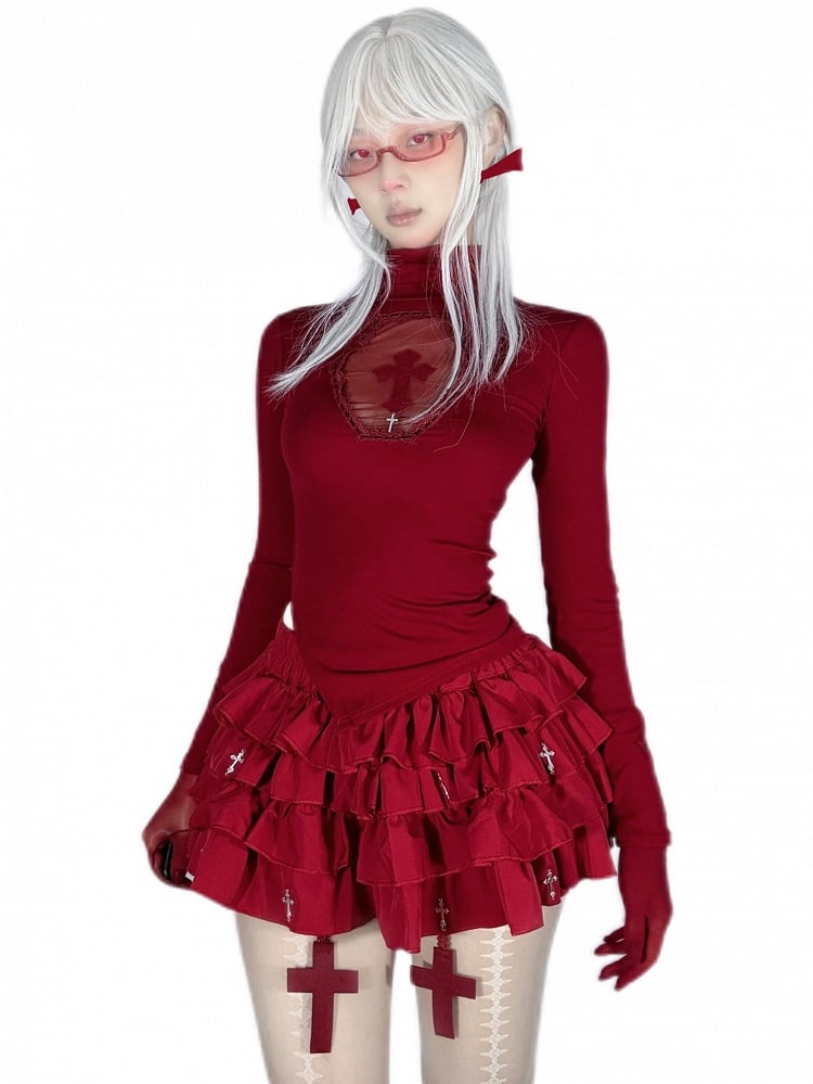 Gothic Red Cross Charms Tiered Ruffles Skort