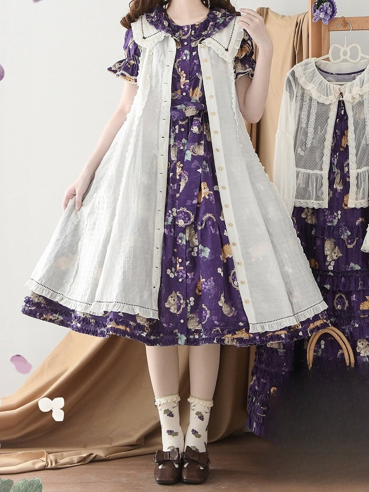 Short Grape Kitty Sleeves Print One Pink Dress Lolita and Piece House Purple Fashion