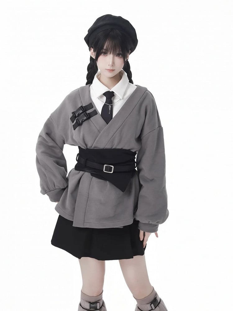 ダークグレーのノッチ付きスウェットシャツ(コルセット付き)