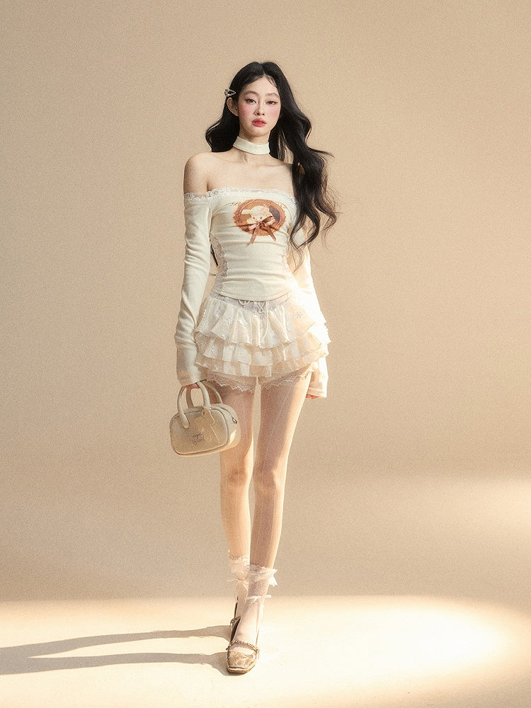 Lamb Print Waist Glamorous Top Patches Apricot Off-the-shoulder Lace Neckline