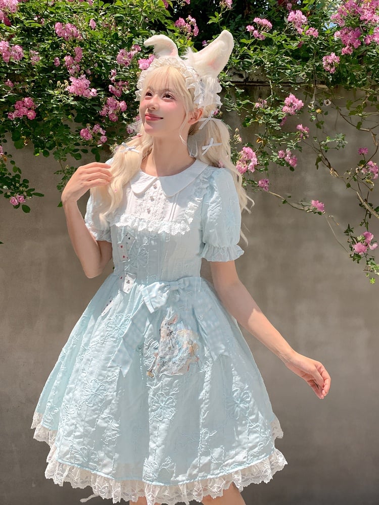 Embroidery Blue Puff Sleeves Dress in Wonderland Vibes Bunny Alice