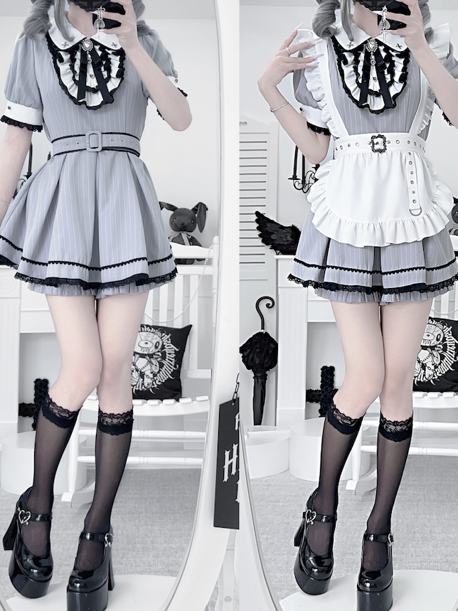 Shorts Pan Gray White Kei Stripes Collar Maid with and Set Peter Jirai Top