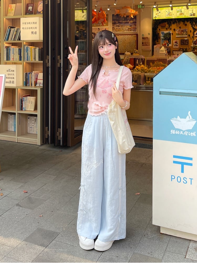 Version Regular/Short Blue Wide-Leg Pants Bowknot Embroidery High Waist