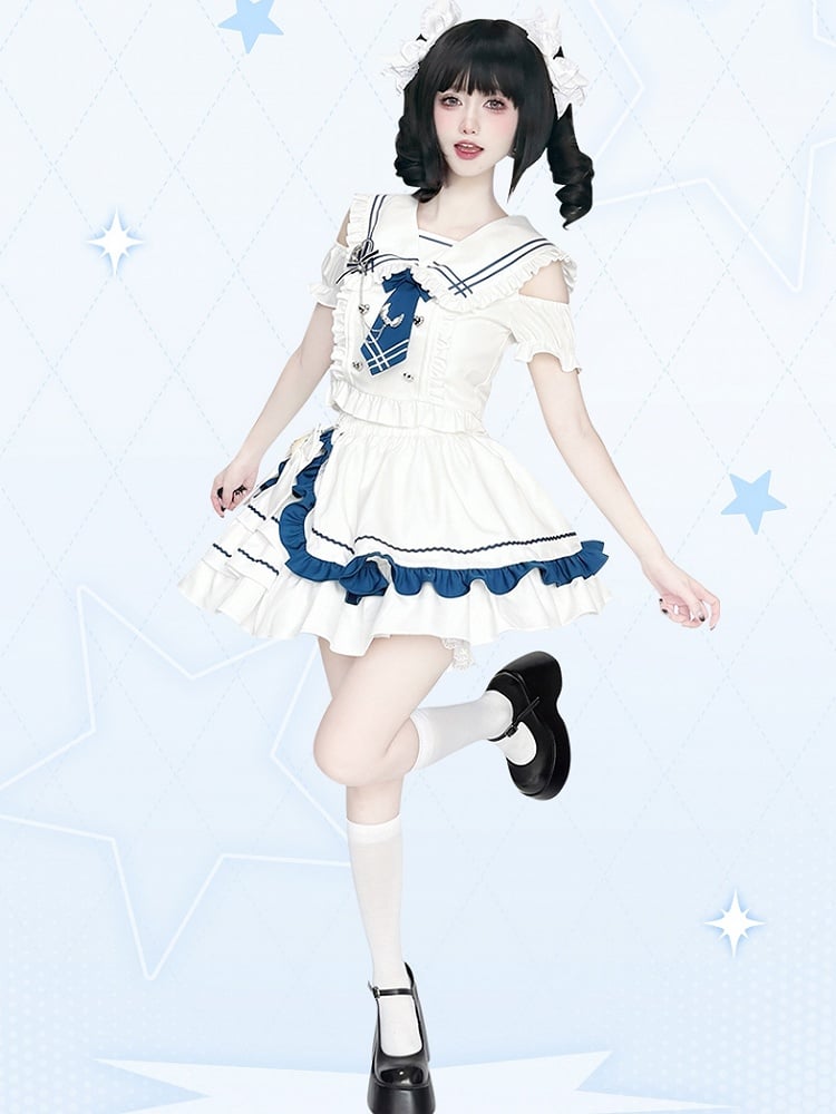 Shoulder Top Cutout Skirt White with Tiered and Sailor Collar
