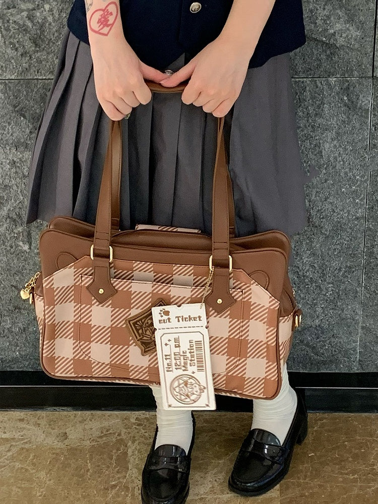 Plaid Large Tote Brown Ita Capacity Pattern Bag