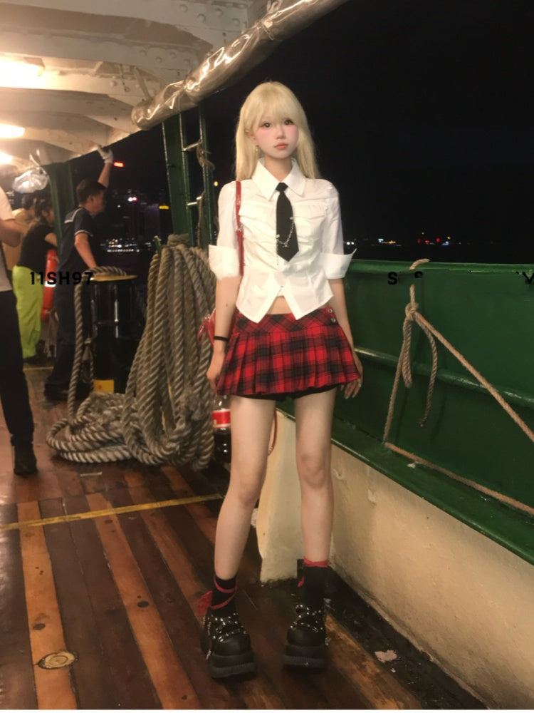 Black White Shirt/Red Skirt Pleated Style Plaid Preppy