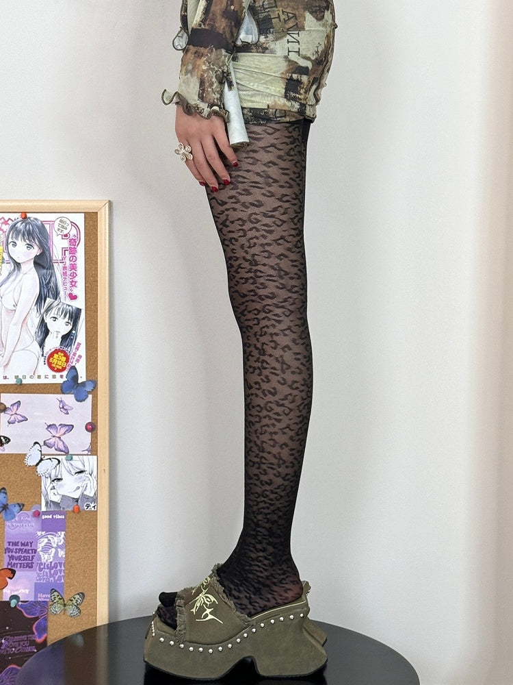 Leopard Pattern Tights Y2K Black