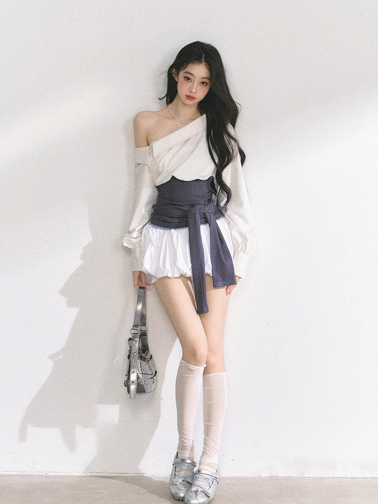 Beige Asymmetrical Neckline Shirt with Purple Corset Belt