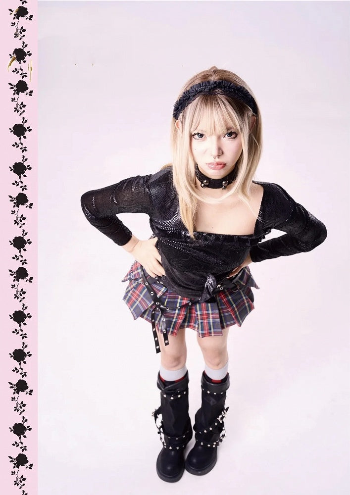 Y2K Red Plaid Punk Studded Mini Box Pleat Skirt with PU Strap and Chain