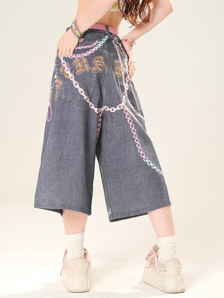 Print Cut Letter Weites Bein Y2K Knopfkette Jeans Blau Und