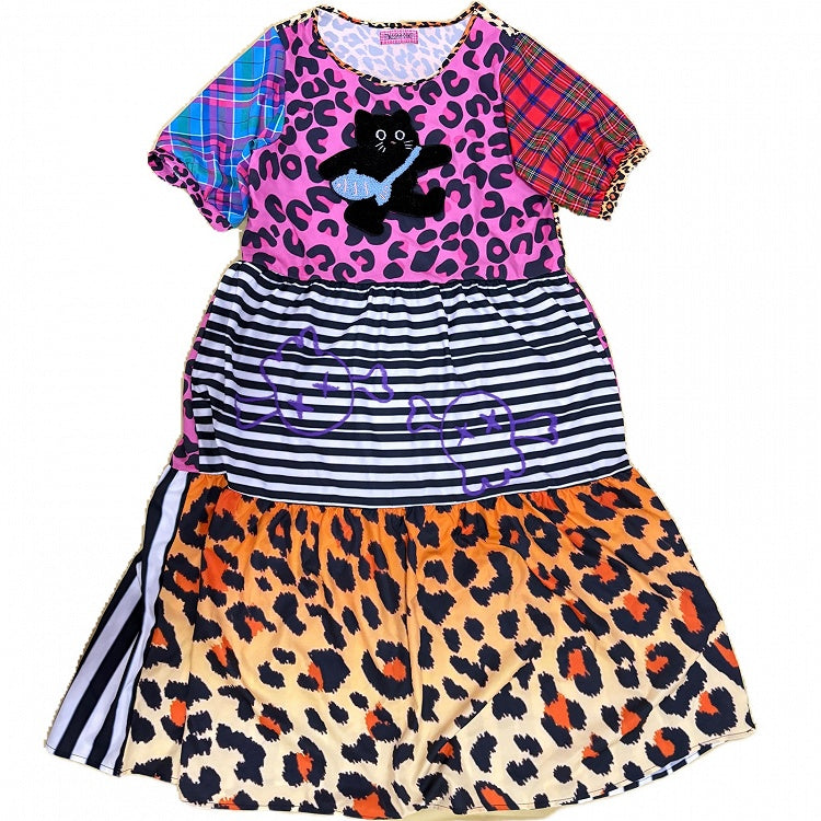 Sleeves Print Pink Puff Leopard Gyaru Fashion Dress