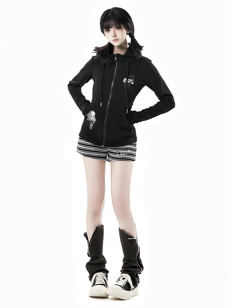 Long Sleeves Top Zip Closure Black/White Devil Horn Design Hood
