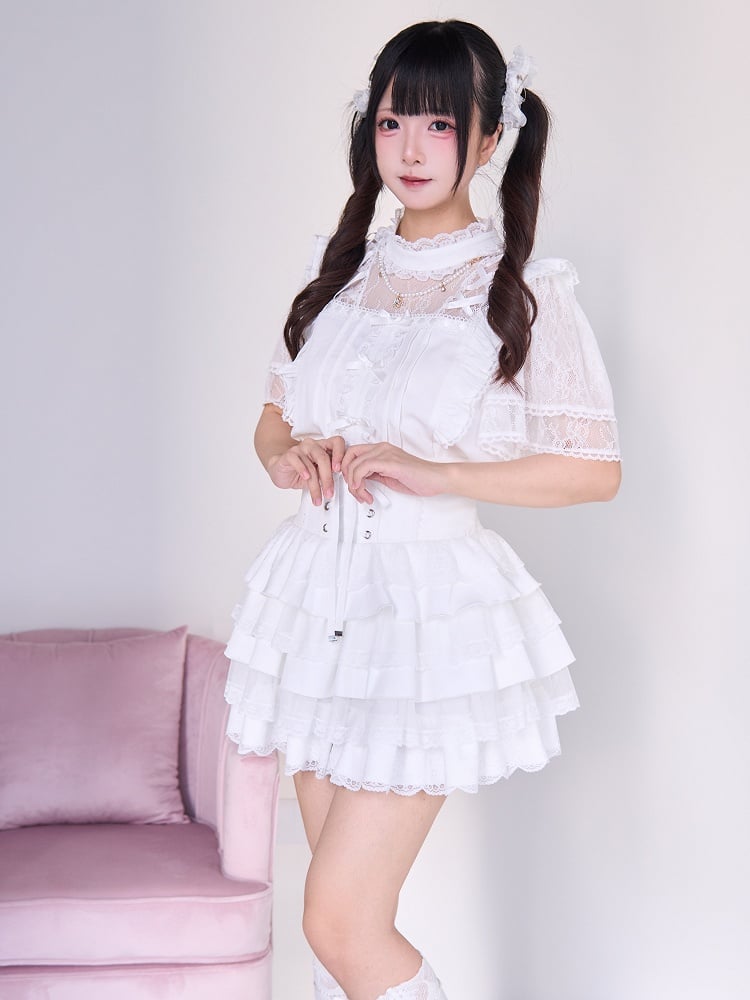 Lace-up Lace-Trimmed Kei Corset Skirt Detail Style Smocked Waist White Back Tiered Jirai