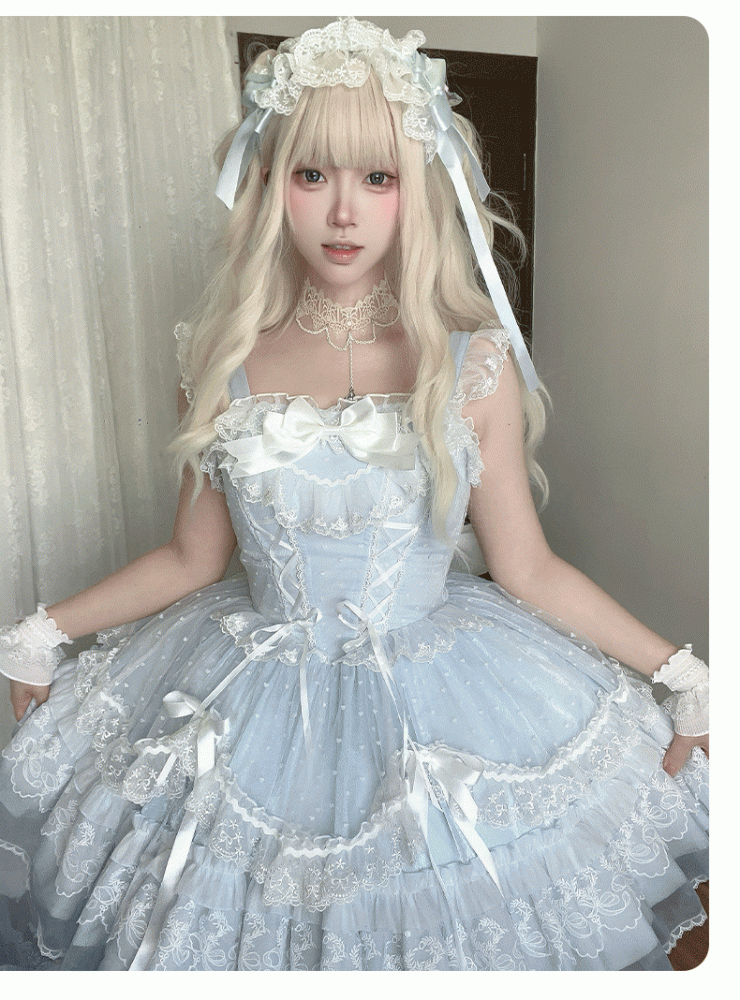 Pullover, abnehmbare Ärmel, Rock, süßes Lolita-Kleid, flatternd mit großem blauen Schnürmieder, hoch taillierter Schleife
