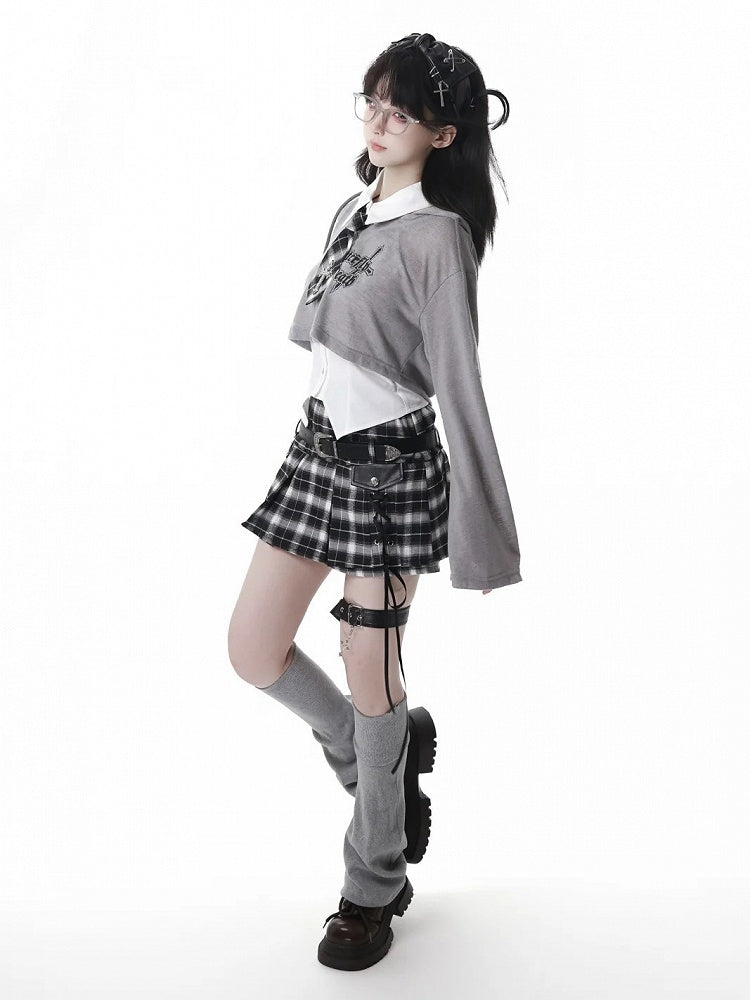 Y2K Lace-up Black Detail Plaid Skort with Buckle Belt and Chain White/ Khaki