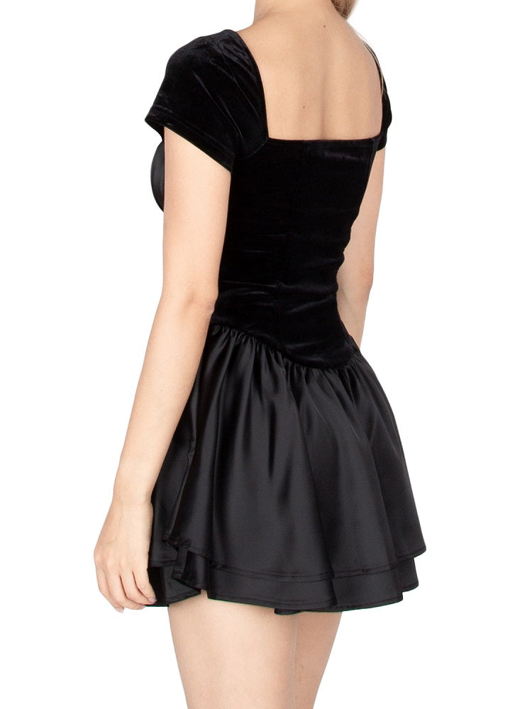 Black Velvet Square Neck Elegant Vintage Mini Dress
