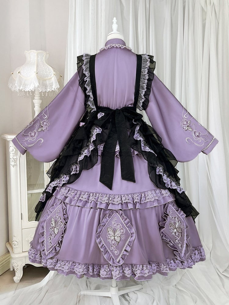 Delicate Butterfly Apron Lolita Dress Black Set Purple Han and Embroidery Full Floral +