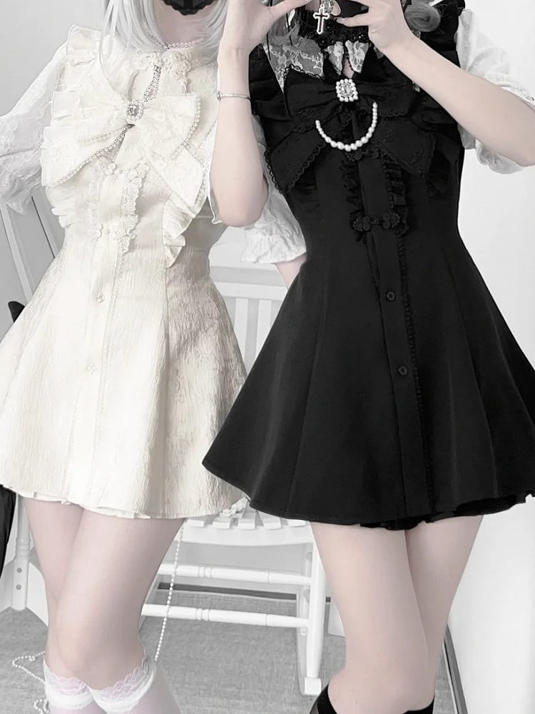 Tie+Hairclips Y2K Sleeves Dress+Shorts+Bow Kei Set-Cheongsam Collar Short White Jirai
