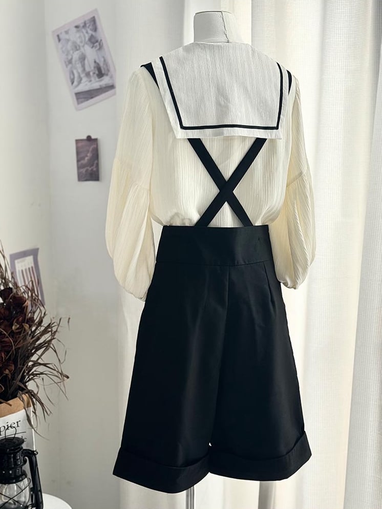 Ouji with Apricot Long Shorts Straight-leg Fashion Shoulder + Collar Lolita Outfit Straps Sailor Sleeves Shirt - Black