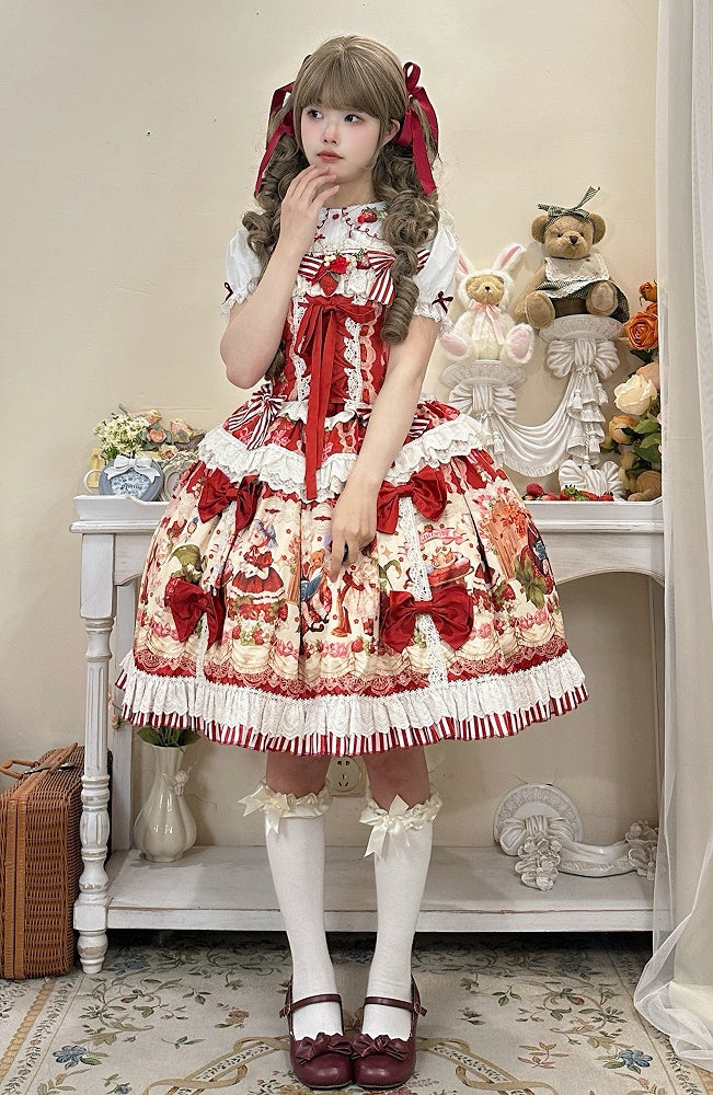 Red and Strawberry Print Dress Skirt Sweet Lolita Jumper Bunny