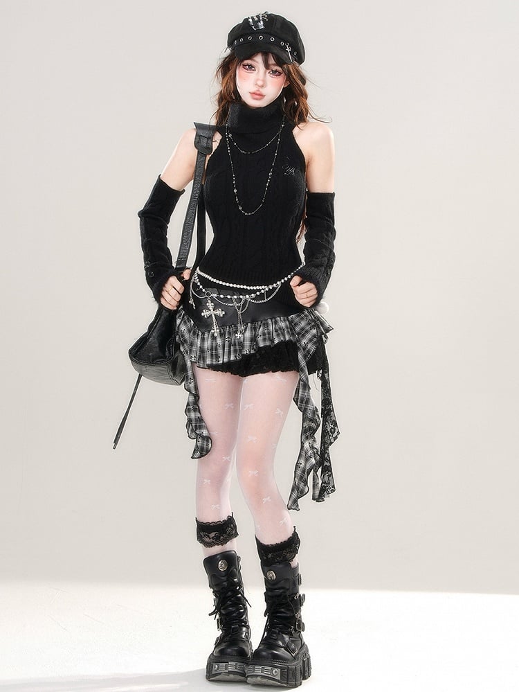 取り外し可能な袖が付いたブラックタートルネックノースリーブスリムフィットセーター