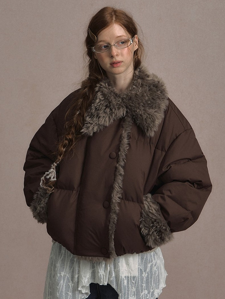 Beige/Brown Short Puffer Jacket with Faux Fur Trim and White Duck Down Filling