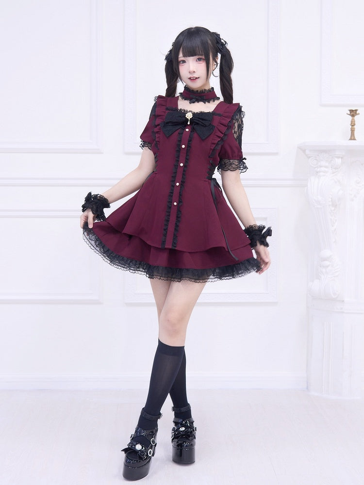 Black Trim Dress Side Kei Set: Lace-up Wine and with Red Matching Lace Mini Skirt Jirai