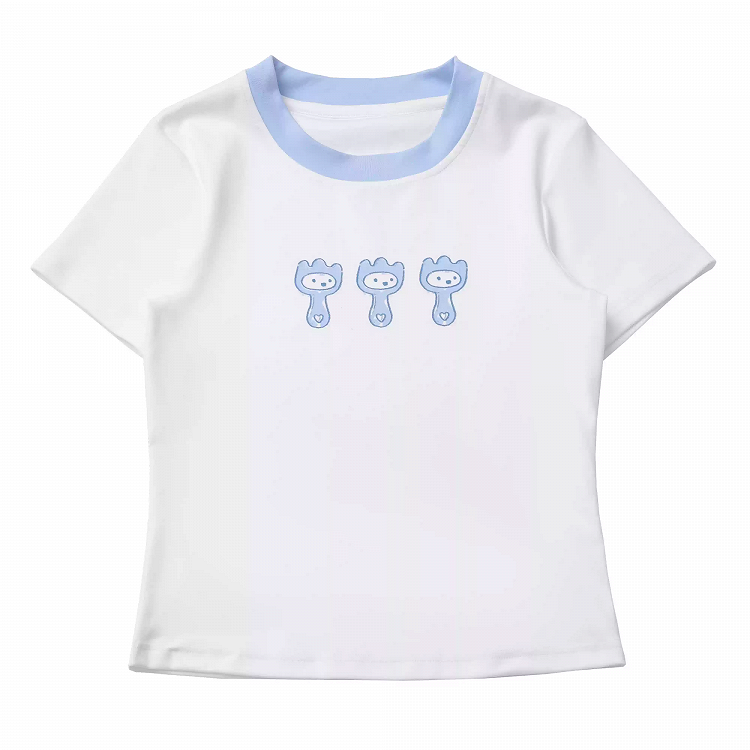 Round Neck Cute Cartoon Print T-Shirt Contrast Trim White Blue