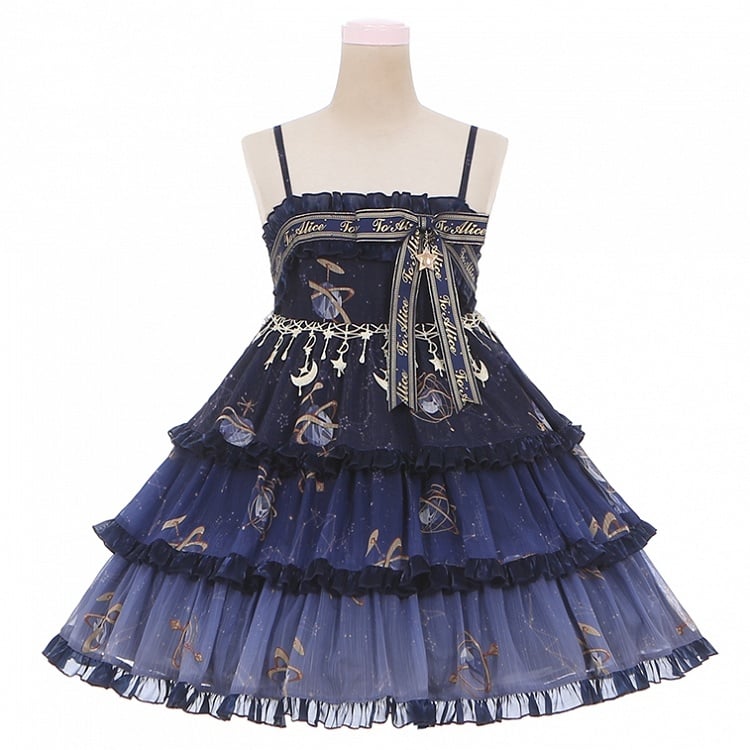 Navy Blue Celestial Globe &Starry Empire Waist Lolita Jumper Skirt