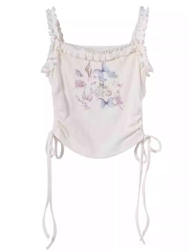 White Ruffled Waist Tank Top Square Neckline Butterfly Print Drawstring