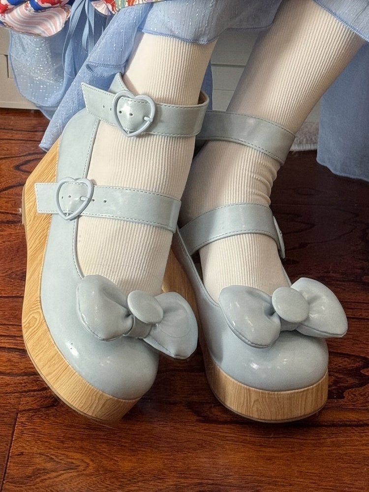 Heart Shoes Sweet Blue Buckles Top at - Bow Lolita Platform Baby