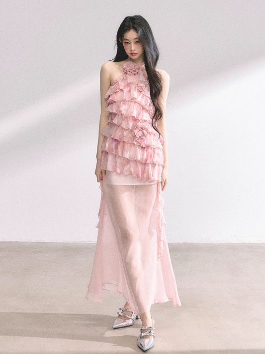 Pink Tiered Ruffles Floral Halter Neck Dress Mesh Print