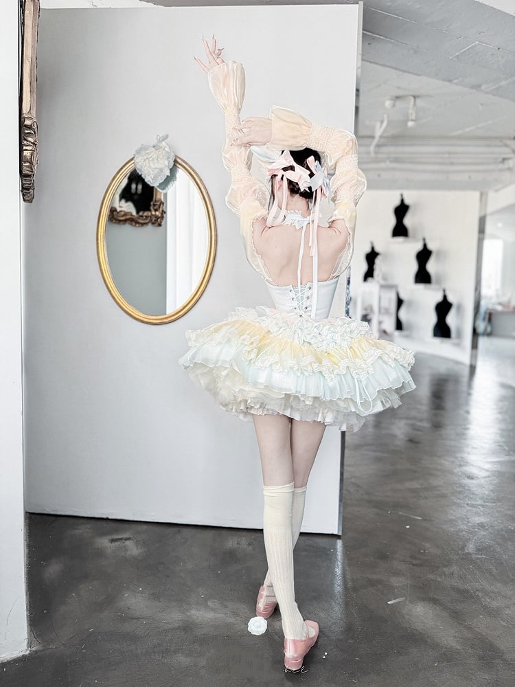 Sweet Lolita Balletcore Dress Blue Tiered Pink Skirt Yellow Boned Corset Waist