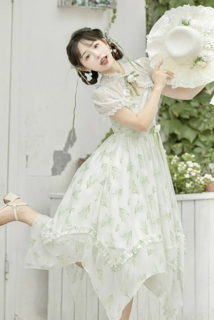 Light Green Lily of the Valley Print Handkerchief Hem Dress + Bolero