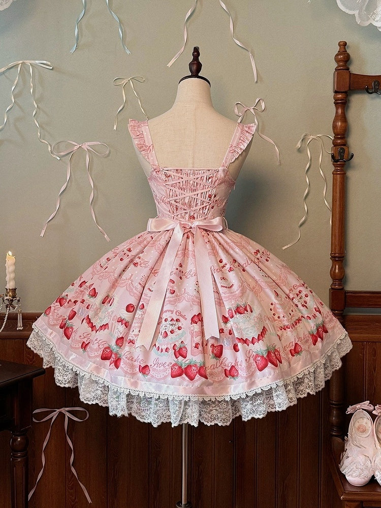 Süßer Kuchenpullover mit Erdbeerdruck und Kleidrock, Lolita, Pink, süß