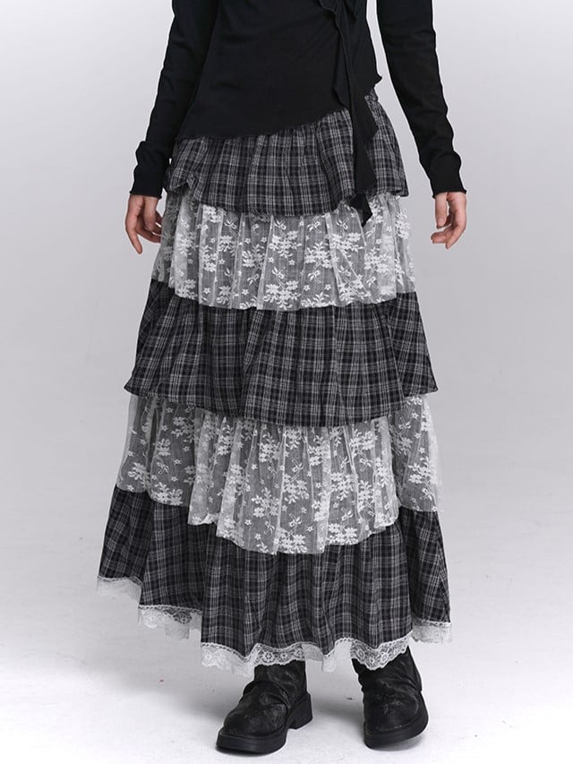 Tiered Skirt Black Layers White Maxi with Low-waist Plaid Lace
