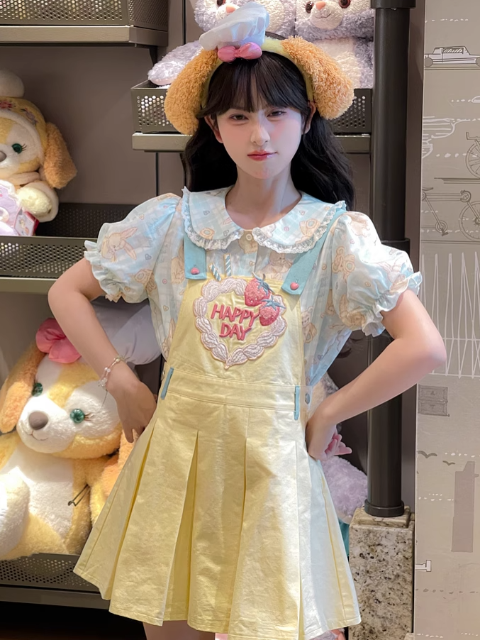 Strawberry Embroidery Yellow Box Pleat Overall Dress Sweet