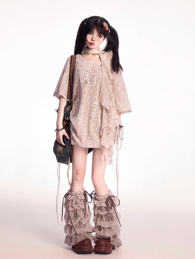 T-shirt with Holes Free Khaki Asymmetrical Neckline Letter Print Distressed Scarf