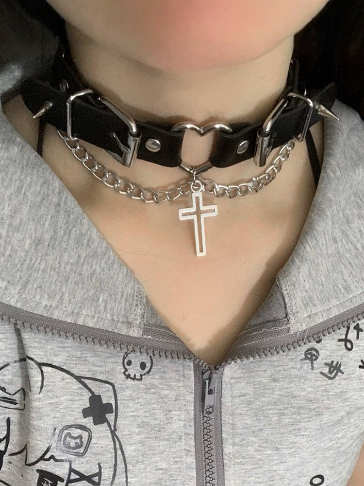 Buckles Studs Choker Cross Pendant Black/White Punk Details Design