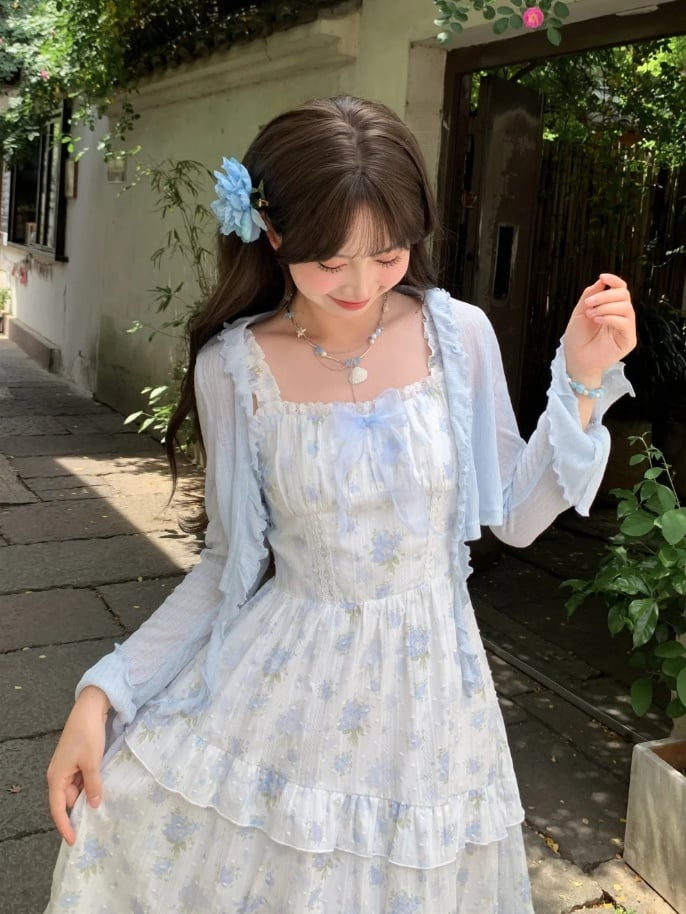 トリムライトブルーの蝶結びカフスのディテールオープンプラケットシフォンカーディガンフリル