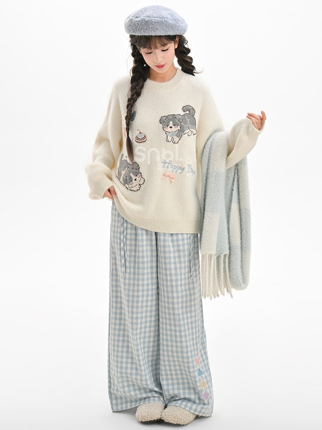 White Cute Puppies Pattern Round Neck Loose Sweater