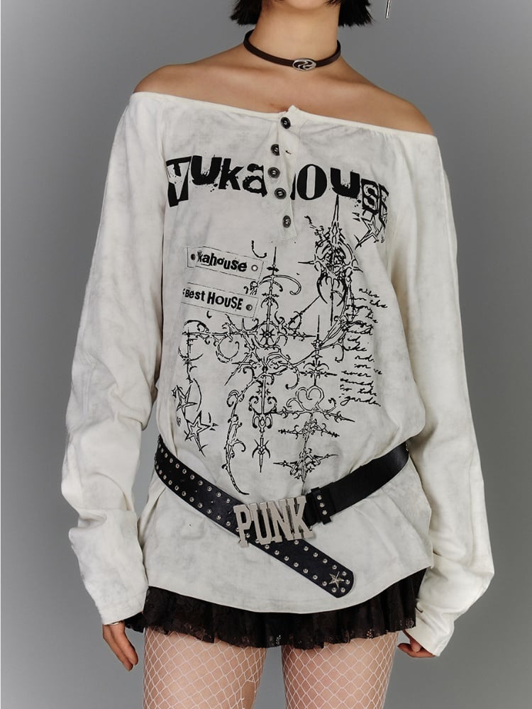 Apricot Off-the-shoulder Graphic Neckline Cotton Top Distressed