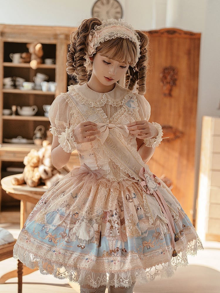 Kleid Volles Mieder Print Teeparty Korsett Set Lolita Kitty Sweet JSK Beige