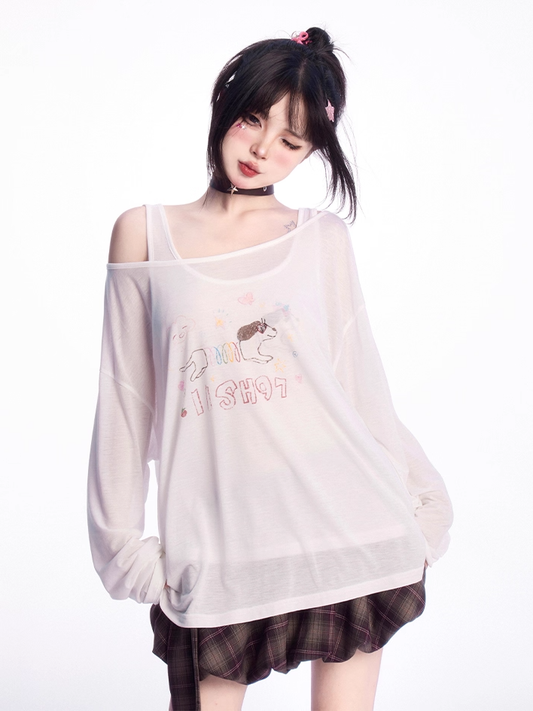 White Asymmetrical Neckline Slinky Dog Print Coverup with Tank Top Set