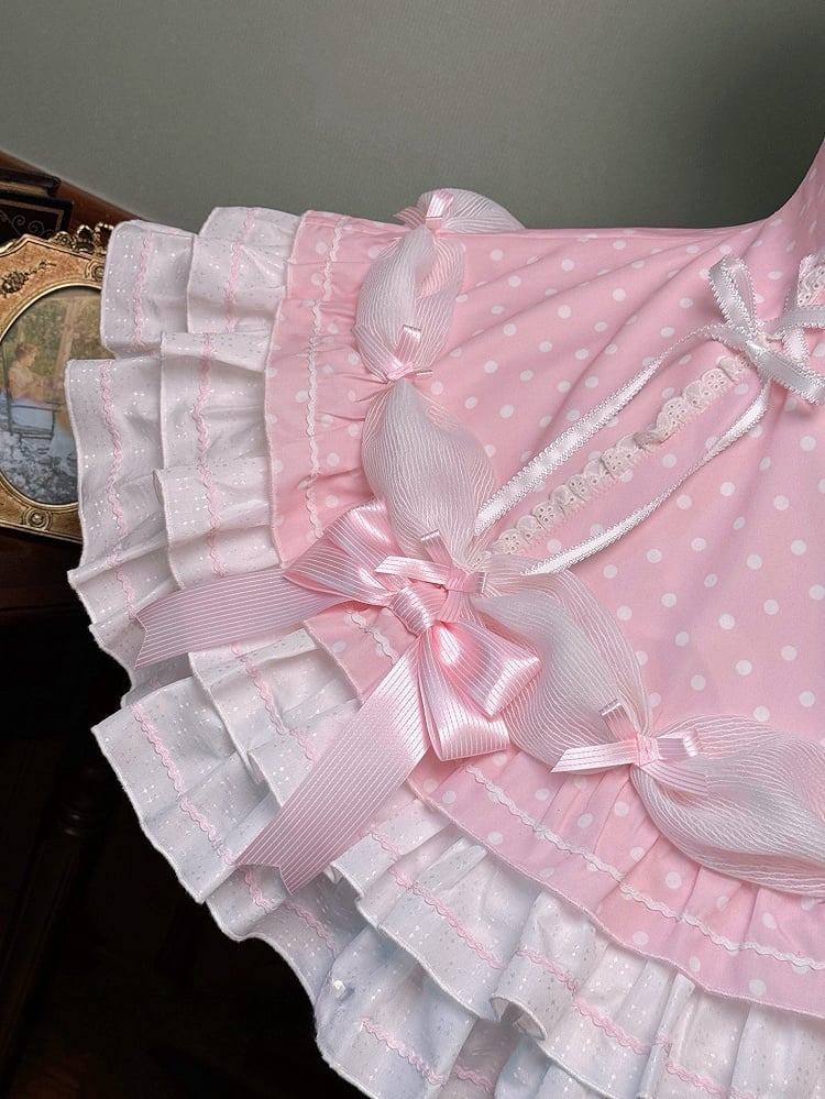 Ärmel Polka und Pink Alt mit Kleid Lolita Akzente Schleife Hals Neckholder Dot Puff Schule